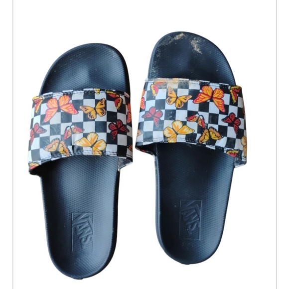 Vans Black and White Checkered Slides with Butterfly Design - Picture 2 of 4